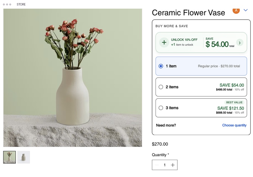 Sensofy Lift quantity offer on a real Wix store